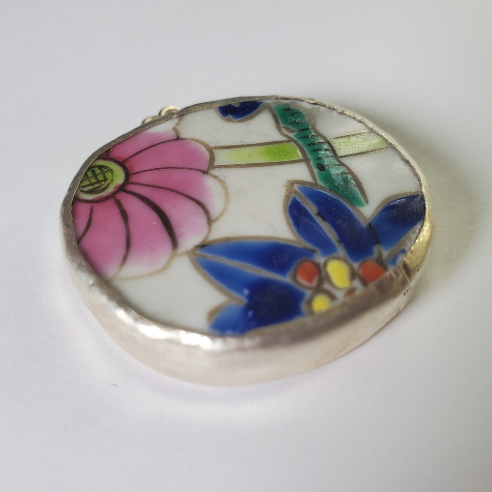 Floral Porcelain Pottery Shard Pendant Pink & Blue Vintage Broken China Jewelry - Picture 11 of 12